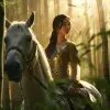 竹林练剑的侠女，场面宏大，动作优美，有电影感。日落，8K马语1600 9