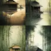 竹屋，河流，雨，块状，中长镜头，光线闪烁/晨光，干净的背景趋势，乔恩·克拉森，--AR 9：16