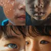 realistic, photo, korean boy, child, facing forward, Extreme zoom in his eye, hot water in his eye,   --ar 9:16