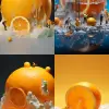 One giant, freshly halved orange with juice and ice cubes, tiny figures, solid-colored background, clean ground, large scene, various angles - no other objects.   --ar 9:16