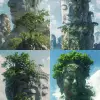 一个非常高的佛像坐落在树顶，风格为新海诚、山间景观、动画GIF、托马斯·巴贝、绿色、强调面部表情、超现实主义科幻小说--ar 9：16