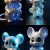 Cute little mouse, made of glass material with glowing patterns on its body, in silver and blue colors, standing upright against a dark background. The style is cute cartoon realism, with soft lightin