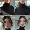 a woman posing for a fashion photo wearing a black turtleneck sweater, beautiful girl, big lips, photo-realistic landscapes, captured on iPhone, eye-catching detail, officecore   --ar 9:16 --iw 1