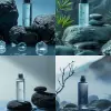 一瓶“www.zuotu.ai”品牌护肤品面部爽肤水被放置在两块黑色岩石之间的边缘，周围是灰色和蓝色的渐变背景。该产品摄影采用极简主义风格和现代设计美学的工作室照明，具有凉爽的色调、高细节以及使用广角镜头的专业摄影风格的高分辨率特写。
--ar 59：88
--s 250