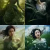 一个穿着裙子的女人的身影走在高高的黑草地上，简单的衣服，浅绿色的衣服，天空中飞舞的纸，飘逸的织物，极致的特写。拍摄胸部以上，写实性幻想风格的照片，张静娜风格，高角度，浪漫大气，田园清新，写实细节，草海，写真，人体摄影，富士相机摄影，人像摄影，8K, 4K，