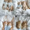 Two chubby, cute cats sleeping on a bed with white sheets and a white comforter. Two cute orange baby cat models. Dressed in white short sleeves and blue pajamas. One of them is reading with a storybo