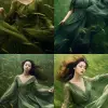 The figure of a woman wearing a dress walking in the tall dark grass, simple clothes, light green clothes, paper flying in the sky, flowing fabrics flying, Extreme Close Up:: 3. Shooting above the che