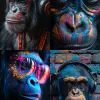 肖像拍摄Ape Head、耳机、尖叫、复杂的面部细节、面部纹身和绘画、超级充满活力的哑光色、水平线、35毫米
--ar 2：3
--s 1000