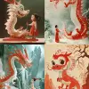 《中国龙与女孩》，1951年12月1日，奥利弗·杰弗斯的风格，浅白和浅红，张天美，玛丽·布莱尔，一丝不苟的细节，创造性的人物设计，Cinstill 50D--AR 3：4--V6