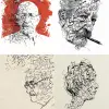 一个插图显示随机语言字母到马丁海德格尔的轮廓。现代主义，极简主义蔡国强式手绘素描插图，怀旧绘画，朱仙腾，户外艺术——ar 3：4——s50