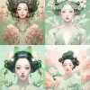 对称构图，萧荣成中式插图，极简主义，正面透视，全身，京剧中的女性角色，精致华丽的妆容，华丽的戏服，淡绿色和浅粉色风格，人物插图，禅宗，风景，极简主义背景，最好的质量，高清晰度，完美的细节，8K--AR 3：4