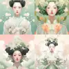 对称构图，萧荣成中式插图，极简主义，正面透视，全身，京剧中的女性角色，精致华丽的妆容，华丽的戏服，淡绿色和浅粉色风格，人物插图，禅宗，风景，极简主义背景，最好的质量，高清晰度，完美的细节，8K--AR 3：4