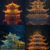 南京鸡鸣寺的线框全息图，发光的金色线条在其标志性结构周围形成了复杂的图案，背景是孤立的黑暗。这款数字艺术品旨在展示详细的建筑细节和特征，非常适合需要以8 k风格传达历史意义和未来技术的创意项目。
--ar 3：4