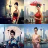 美丽的中国女孩在上海东方明珠电视塔前
