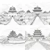 中国故宫，graphic illustration style, black and white line draft