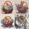 bunny in a basket with beautiful blue flowers and eggs easter, in the style of light red and light purple, hyper-realistic animal illustrations, slumped/draped, light amber and purple, sleepycore, pur