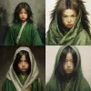 Mysterious oriental boy, he has long white flying hair, green eyes, a mole on his mouth and a green robe.