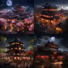 Tang Dynasty architecture in China,many huge buildings,a village,huge cherry trees,the atmosphere of the Sky City,night,bright lanterns,photo like realism,immersive feeling,photorealistic and detailed