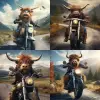 highland cow wearing a kilt riding a motorbike through the scottish highlands, photorealistic, 4K