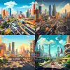 A city scene featuring skyscrapers, factories, overpasses, highways, and automobiles. The main road extends from the distant background down to the bottom of the画面. The colors are fresh and natural, p