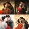 Beautiful Chinese men, beautiful and generous Chinese women, classical beauties, beautiful eunuchs, ink style, red lines, perfect court, gaze at each other, embrace, passionate love, and unbeatable lo