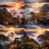 金色的日出时刻，黄山、中国、奇石峰巍巍耸立，大面积的云雾，一棵小小的迎风松树，一幅东方山水画，视野，航拍，全高清摄影，高质量8k