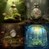 at half past six in the morning，A thunderstorm，In a damp dream, Waves rising from moss and stones,There are two goldfish in the transparent fish tank，The waves hit the mossy stones，cold light，Wear a B