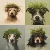 A dog with grass on its head