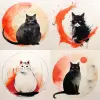 this is an illustration of a cat with a red body posing on its belly, in the style of minimalist ink painting, light orange and black, large-scale abstractions, kanō school, soft and rounded forms, gi