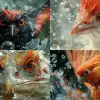 Archaeopteryx Close-up shot of beautiful demoness girl, red eyes, fit pudgy, being attacked by a bubble water, stop motion, sharp focus, emphasys on red velvet colors, Hyper-realistic IMax Quality, ph