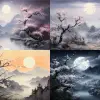 在前景中，梅花树上开满了白色的梅花，梅花树在画面中显得格外醒目。环境：月光下，月亮不是太大，山、水、云、鸟都在飞翔，一幅东方山水画。广角专业摄影，全高清8K，高画质。--雅各书3：2
