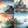 用线条意象、硬质风格、颜料、彩色画中国山水画--阿16：9