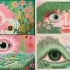 《山海经》，中国神话，三只眼睛的怪物，大卫·霍克尼的艺术风格，浅粉色和浅绿色，--AR16：9--风格化250--5.2
