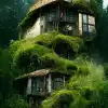 the burrow :: 2 , multi level weasly family house, partly overgrown, lush vegeattion, early mornming mood, harry potter movie, Alfonso Cuarón, peter jackson, john howe, establishing shot, cinematic, c