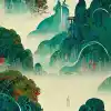 中国风景，一幅宁静的玄学风景，中国寺庙，树木，雾，瀑布，视差海报构图，阿尔方斯·穆查，詹姆斯·让，艾温德·厄尔，8K分辨率，高细节，降噪，次要色彩，复古未来主义艺术状态-w 2024-h 4807