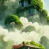 哈恩ộI老公寓楼覆盖着常春藤，在云上，阳光明媚的日子，景深，梦幻般的氛围，吉卜力风格，环境概念艺术--ar2：35