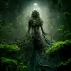 大自然女神的全身图片，周围环绕着藤蔓，在森林中漫步+明亮的灯光+森林+植物+戏剧性的雾+强烈的、戏剧性的灯光，错综复杂的细节，电影般的高清