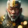 studio photoshoot of an very old Asian warrior king, white eyes, gray hair, wise, headshot, golden asian patterns, style of Krenz Cushart, Ashley Wood, and Charlie Bowater and Craig Mullins, intricate