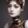Close up Photoreal Portrait of a beautiful Porcelain Woman, Steampunk Robot, white porcelain, mechanical features, baroque, rocococo, shiny porcelain, copper parts, intricate machinery, cogs, ultra re
