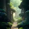 森林小路，美丽的古树，隐藏着巨大的宝箱，宁静的傍晚气氛，柔和的镜头，柔和的光线，大提琴阴影，动画，以CGSociety的风格，DeviantArt，ArtStATION，ZBrush，Cinema4D，Studio Ghibli，Akihiko Yoshida，Atelier Lulua，Masamun Shirow-Aspect 900：1600--c 10--i 5--upllight--q2