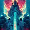 白色弧形天使，有着神秘的机器翅膀，银翼杀手，Akira，幽灵在壳，2077，风格的Laurie Gresley和Satoshi Kon+对称的灯光和烟雾，迷幻效果，发光的粒子，霓虹雨，发光的符文，去噪，对称的组成，高细节+塔罗牌，华丽的边框，8k，--w 1152-h 2048--S 5000--q 2