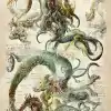 龙的古董石版画，科学分类巨人，鱿鱼，美人鱼，恶魔，恩斯特斑纹，柔和的颜色，羊皮纸，艺术印花，干净的笔触，超逼真，8k后处理高度详细--ar 9：16