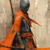一个带剑的黑色和橙色漫画人物，风格为enki bilal、yoji shinkawa、坦率安静、浅灰色和红色、chinapunk、有限的颜色范围、quadatura--ar 72：85 --styleum 750 --v 6