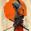 一个带剑的黑色和橙色漫画人物，风格为enki bilal、yoji shinkawa、坦率安静、浅灰色和红色、chinapunk、有限的颜色范围、quadatura--ar 72：85 --styleum 750 --v 6