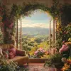 Flores em uma casa na montanha com um visão linda das montanhas no horizonte, waltercolor, altamente detalhado, ultra definição, UHD
