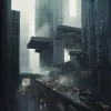一座反乌托邦大城市，新野蛮主义建筑呈灰色，有很多汽车和人经过 