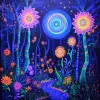 以日心为主题的黑光海报，色彩鲜艳的宇宙螺旋，森林中绽放着荧光能量的发光花朵，展示了空灵的存在在受60年代迷幻艺术风格启发的超现实的星光景观中跳舞