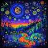 以日心为主题的黑光海报，色彩鲜艳的宇宙螺旋，森林中绽放着荧光能量的发光花朵，展示了空灵的存在在受60年代迷幻艺术风格启发的超现实的星光景观中跳舞