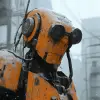末日后，特写镜头，爱情角度，橙色机器人，下雪，多雾