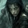 一个黑发、绿眼睛、满身泥土、穿着破布的女人从地牢里逃出来，现在在灰色的荒地上与其他人一起奇迹般地生活。沉没的眼睛、指环王、托尔金、希尔曼、邓伦德